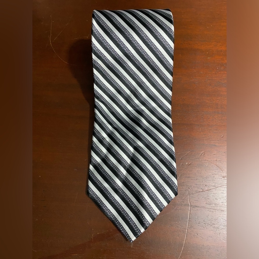 Vintage Paul Dione Tie Pure Silk Silver and Black Stripe 58” Neck Tie